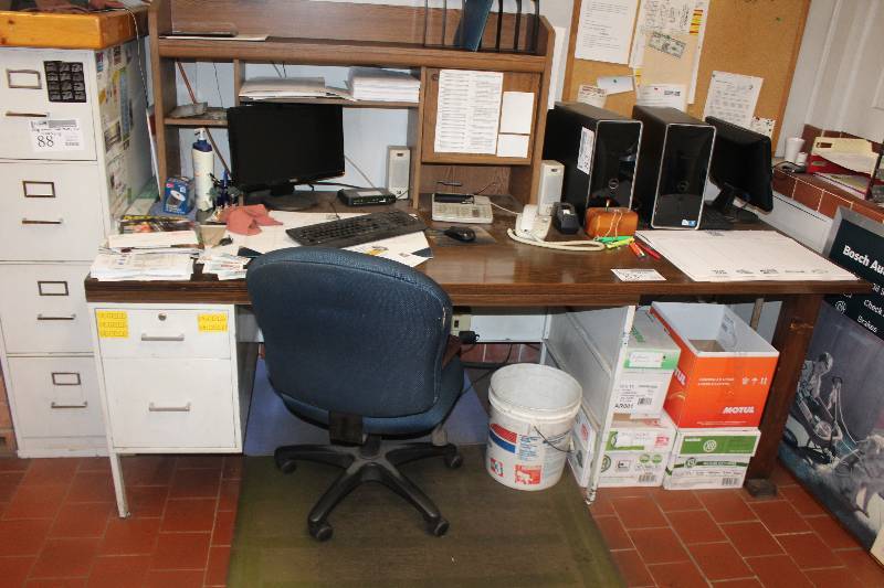 lot 83 image: 2-Drawer Metal Office Desk w Top Shelf Unit, Chair