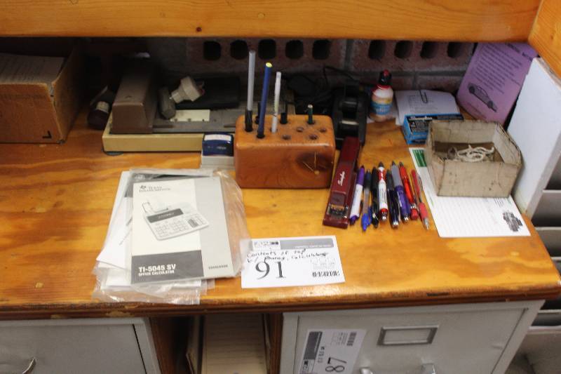lot 91 image: Contents of Top w Phones, Calculators, Office Supplies