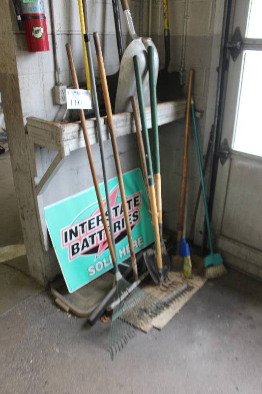lot 110 image: Lot of Yard Tools Including Rakes, Brooms, Shovels