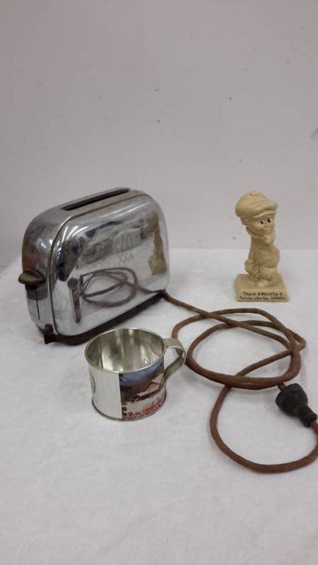 lot 48 image: Antique toaster, tin cup, dcor