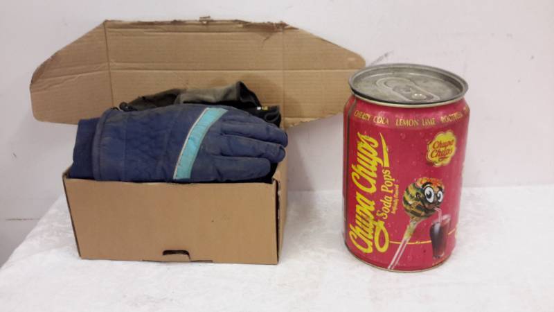 lot 120 image: Box of gloves and collectible can
