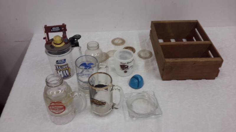 lot 133 image: Wooden crate and glassware