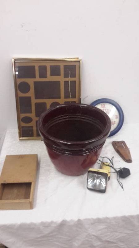lot 143 image: Clock, picture frame, flashlight, flower pot, box, leather