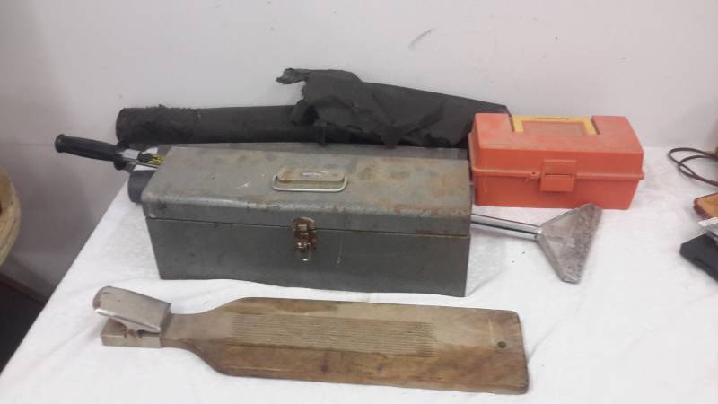lot 144 image: Metal toolbox, fillet board, pipe insulation, tent stakes