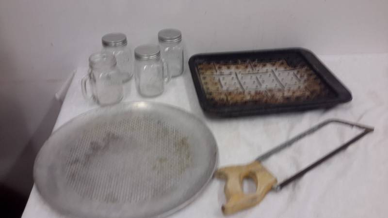 lot 149 image: Meat saw, broiler pan, drinking mugs
