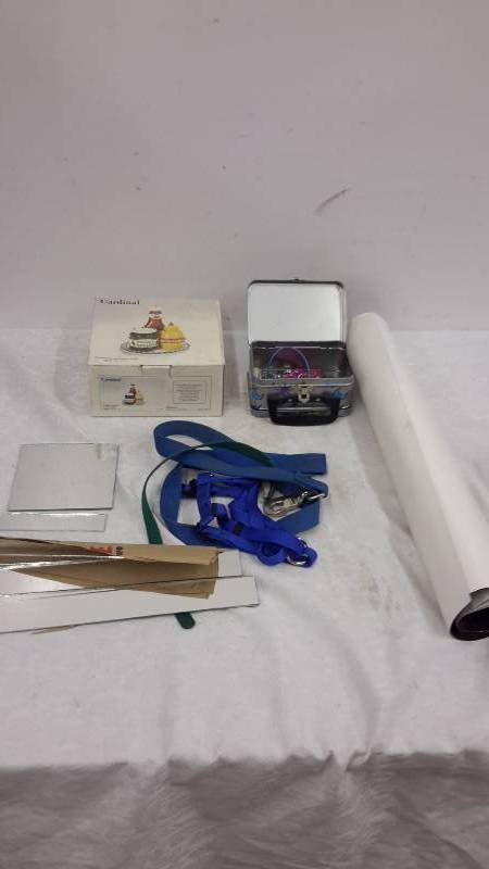 lot 170 image: Jewelry in a tin, leashes, mirrors, Nickleback poster