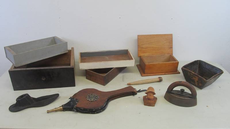 Group of Primitive Wood Items wSad Iron