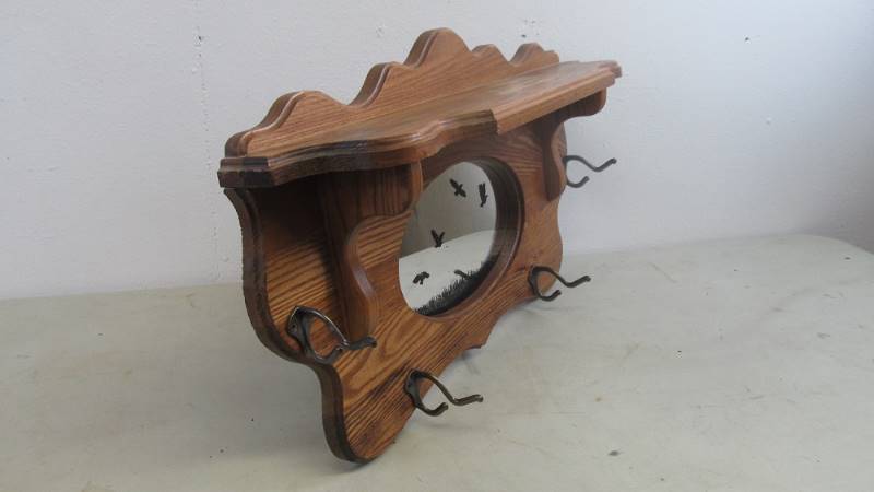 Vintage Wood Hat Rack w Flying Duck Mirror