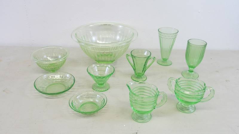 Lot of Nice Vintage Green Vaseline Depression Glass