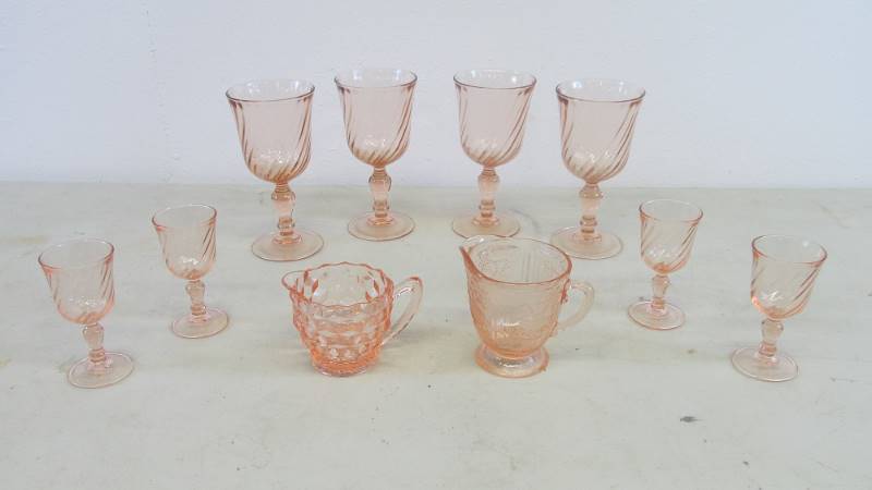 Lot of Pink depression Glass Goblets & Pitchers
