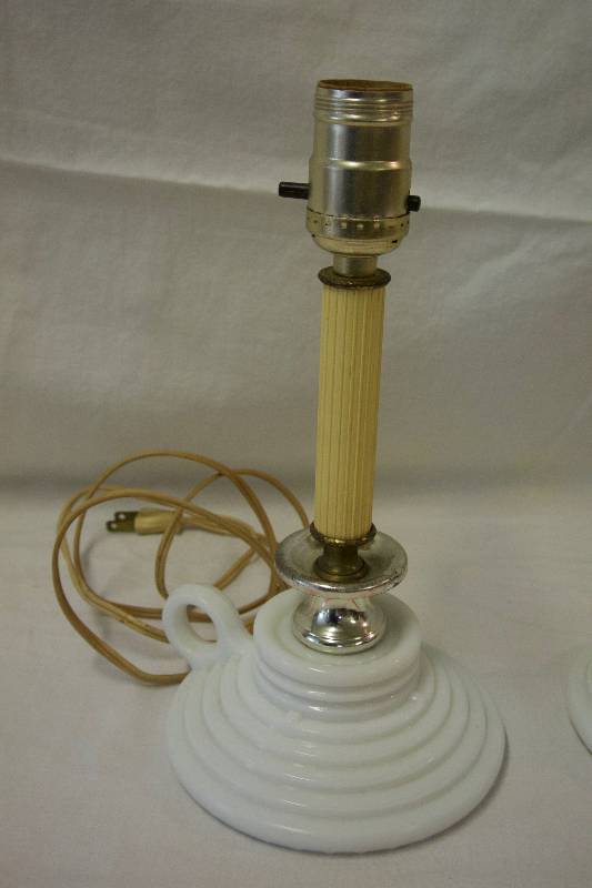 lot 78 image: Vintage Milk Glass End Table Lamps with Finger Grips
