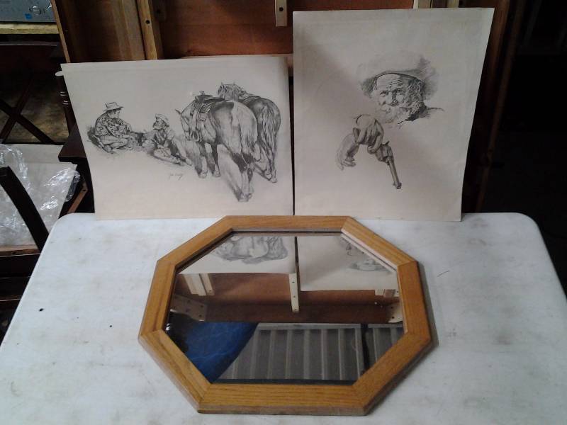 2-Western Sketches By Jim Daly, 1-Framed Octagonal MIrror