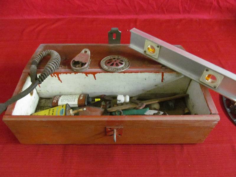 lot 6 image: wood tool box,tools