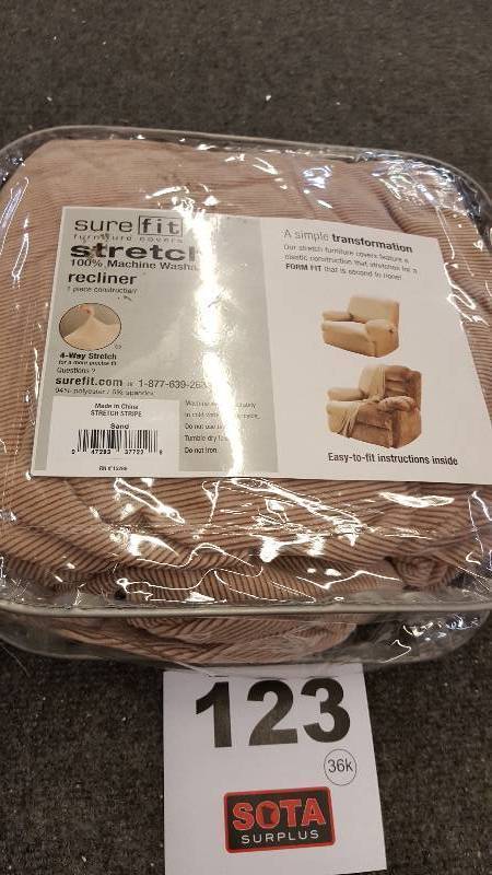 lot 123 image: Sure Fit Stretch Stripe Recliner Slipcover - Taupe - NEW