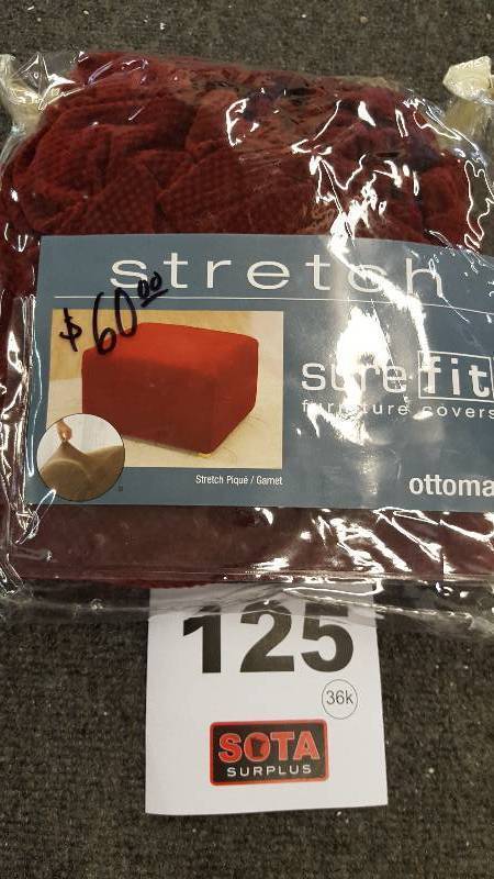 lot 125 image: Sure Fit Stretch Pique Ottoman Slipcover - garnet - NEW