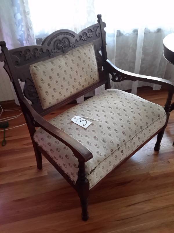 lot 3 image: Antique wood and upholstered love seat.. Very good shape