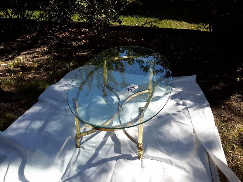 lot 34 image: Mid Mod Brass Coffee table with Glass top