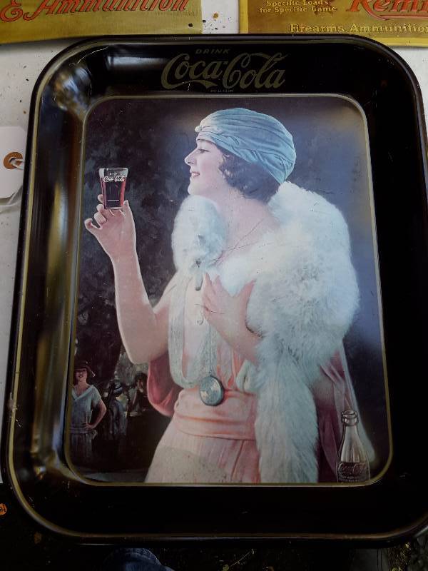 lot 41 image: 2 Metal Remington Metal Wall Placques, 1, Coca Cola Serving Tray