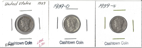 Set of Three Mercury Dimes - 1939, 1939-D, & 1939-S