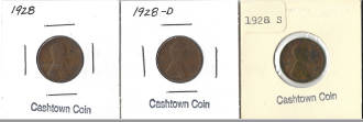 Three Different Lincoln Wheat Cents - 1928,1928-D, & 1928-S