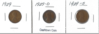 Three Different Lincoln Wheat Cents - 1929, 1929-D, & 1929-S