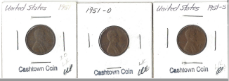 Three Different Lincoln Wheat Cents - 1951, 1951-D, & 1951-S