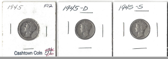 Three Mercury Dimes 1945, 1945-D, & 1945-S