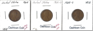Three Different Lincoln Wheat Cents - 1925, 1925-D, & 1925-S