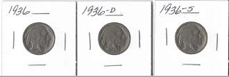 Three Different Buffalo Nickels - 1936, 1936-D, & 1936-S