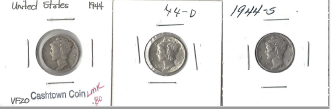 Three Different Mercury Dimes 1944, 1944-D, & 1944-S