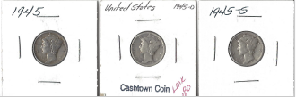 Three Different Mercury Dimes 1945, 1945-D, & 1945-S