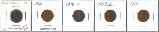 Five Different Lincoln Wheat Cents - 1919, 1919-D, 1919-S, 1923, & 1923-S