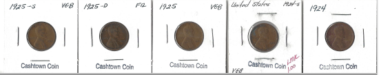 Five Different Lincoln Wheat Cents - 1924, 1924-S, 1925, 1925-D, & 1925-S