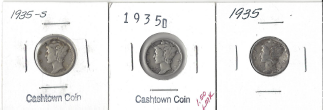 Three Different Mercury Dimes 1935, 1935-D, & 1935-S