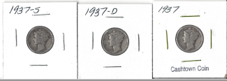 Three Different Mercury Dimes 1937, 1937-D, & 1937-S