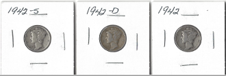 Three Mercury Dimes - 1942, 1942-D, & 1942-S