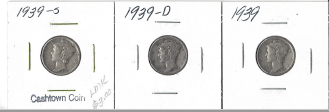 Three Mercury Dimes - 1939, 1939-D, & 1939-S