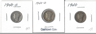 Three Different Mercury Dimes 1940, 1940-D, & 1940-S