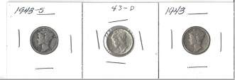 Three Different Mercury Dimes 1943, 1943-D, & 1943-S