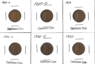 Six Different Lincoln Wheat Cents - 1929, 1929-D, 1929-S, 1930, 1930-D, & 1930-S