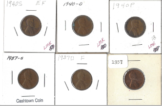 Six Different Lincoln Wheat Cents - 1937, 1937-D, 1937-S, 1940, 1940-D, & 1940-S