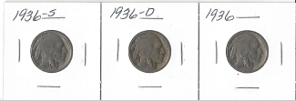 Three Different Buffalo Nickels - 1936, 1936-D, & 1936-S