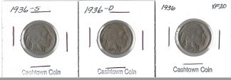Three Different Buffalo Nickels - 1936, 1936-D, & 1936-S