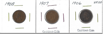 Three Indian Cents - 1906, 1907, & 1908