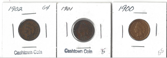 Three Different Indian Cents - 1900, 1901, & 1902