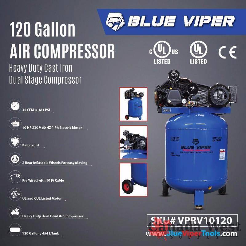 NEW BLUE VIPER 120 GALLON 10 HP 220V 1 PH UL  CUL  CE APPROVED COMPRESSOR