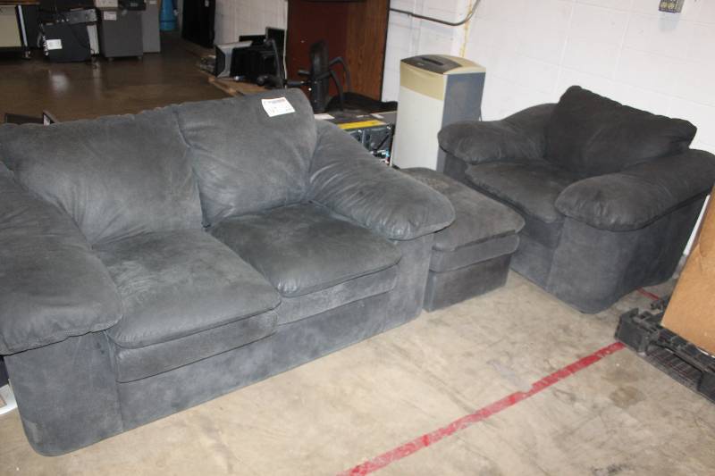 lot 97 image: Loveseat and Chair with Ottoman, black microfiber