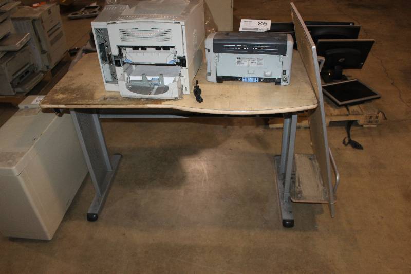 lot 98 image: Computer Desk with hp Laserjet 4100N Printer, another printer and bulletin board