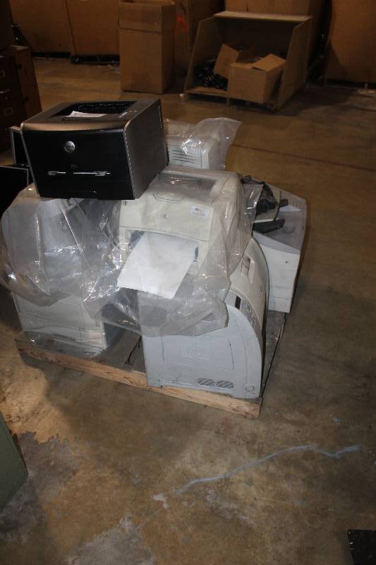 lot 93 image: Pallet Lot includes assorted printers such as HP Color Laser Jet 3550, etc.