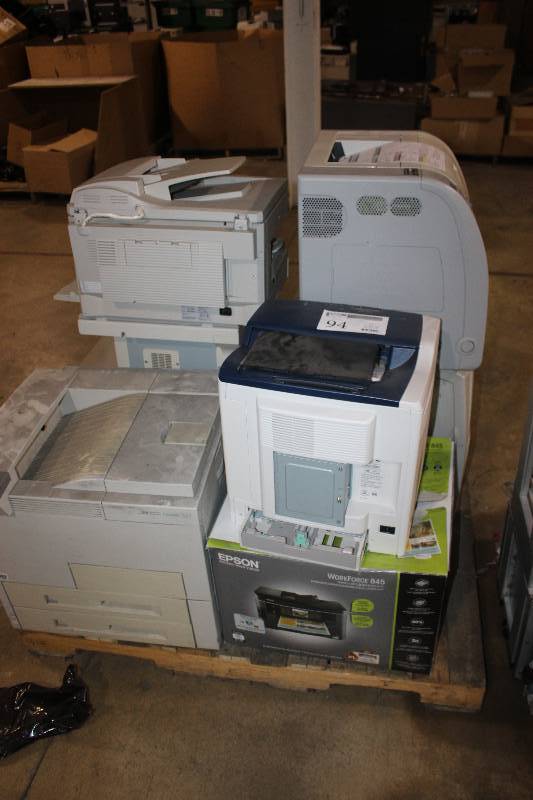lot 94 image: Pallet Lot includes assorted printers such as HP Color Laser Jet 3550, Canon Image Class D320, etc.